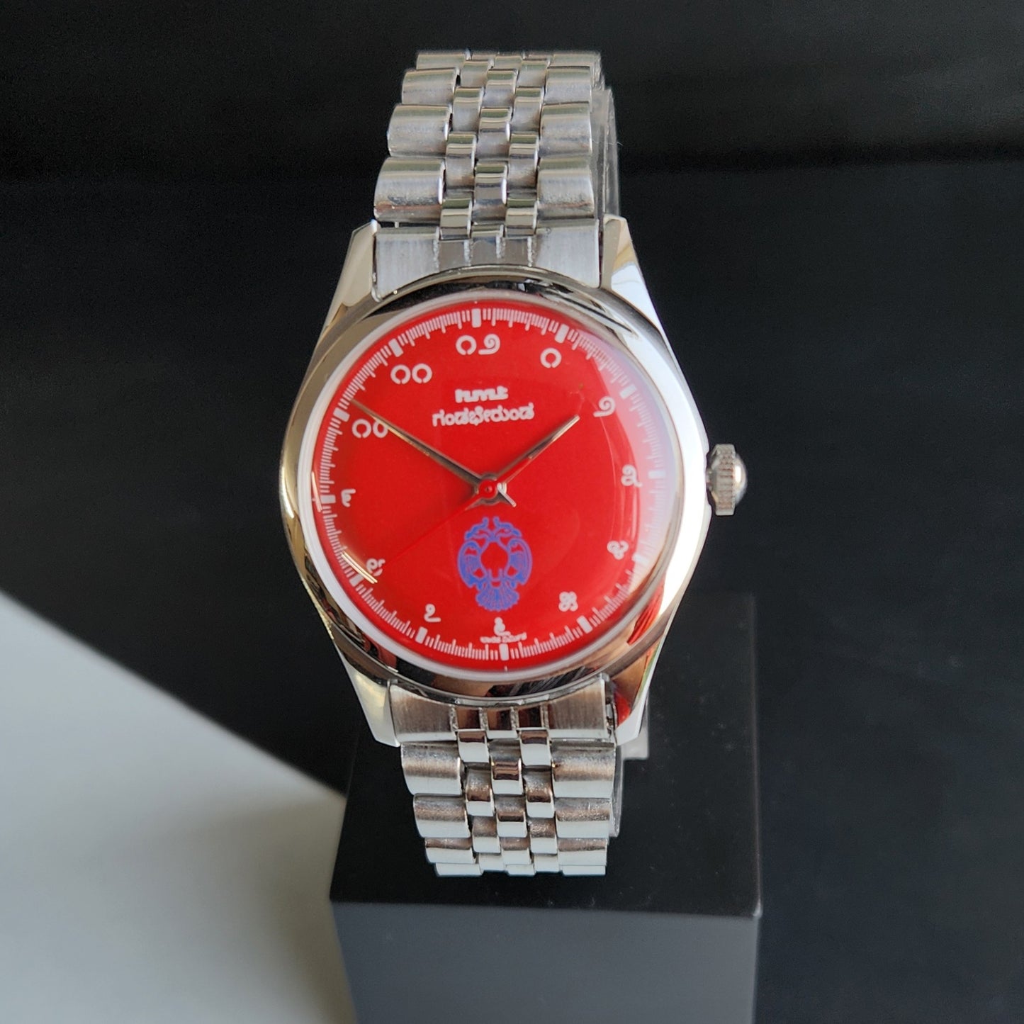 Vintage MOD HMT Gandaberunda Hand Winding 17 Jewels Red Face Black Leather Strap Men's Wrist Watch J44
