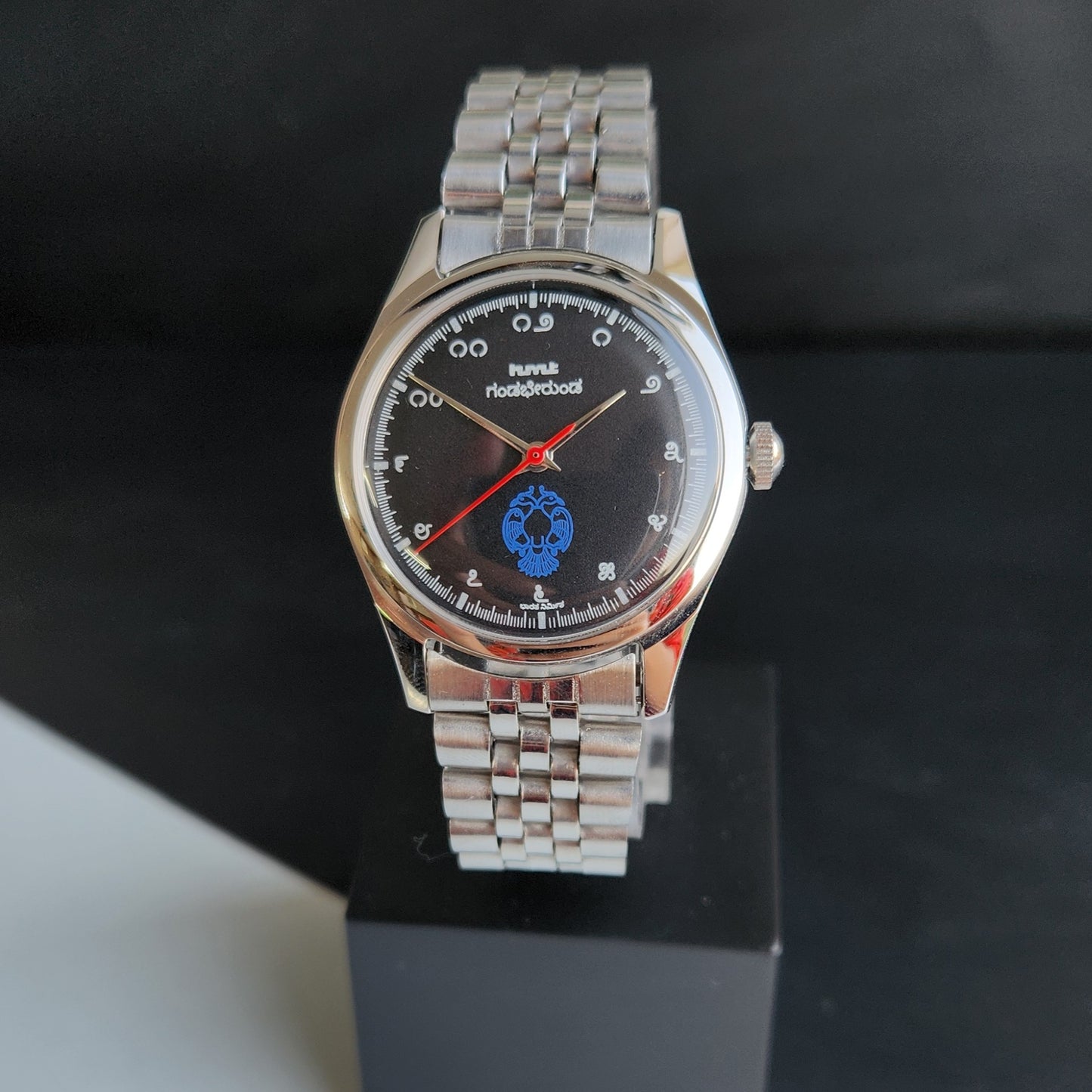 Vintage MOD HMT Gandaberunda Hand Winding 17 Jewels Black Face Black Leather Strap Men's Wrist Watch J45