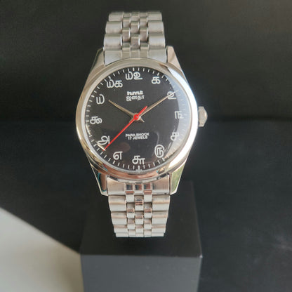 Vintage MOD HMT Janata Tamil Hand Winding 17 Jewels Black 35mm Silver Case With Bracelet Men's Wrist Watch J72