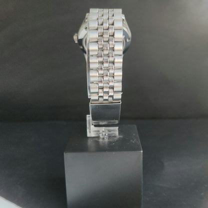 Vintage MOD HMT Janata Tamil Hand Winding 17 Jewels Black 35mm Silver Case With Bracelet Men's Wrist Watch J72