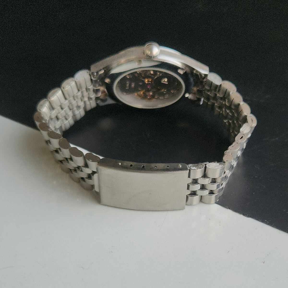 Vintage MOD HMT Janata Tamil Hand Winding 17 Jewels Black 35mm Silver Case With Bracelet Men's Wrist Watch J72