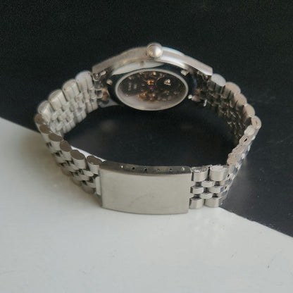Vintage MOD HMT Janata Tamil Hand Winding 17 Jewels Black 35mm Silver Case With Bracelet Men's Wrist Watch J72