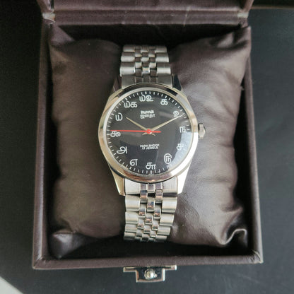 Vintage MOD HMT Janata Tamil Hand Winding 17 Jewels Black 35mm Silver Case With Bracelet Men's Wrist Watch J72