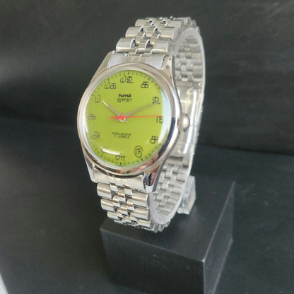 Vintage MOD HMT Janata Tamil Hand Winding 17 Jewels Parrot Green 35mm Silver Case With Bracelet Men's Wrist Watch J73