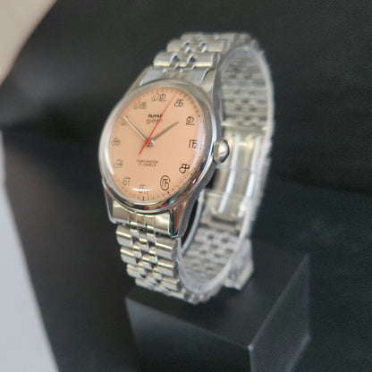 Vintage MOD HMT Janata Tamil Hand Winding 17 Jewels Peach 35mm Silver Case With Bracelet Men's Wrist Watch J76