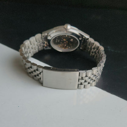 Vintage MOD HMT Janata Tamil Hand Winding 17 Jewels Peach 35mm Silver Case With Bracelet Men's Wrist Watch J76