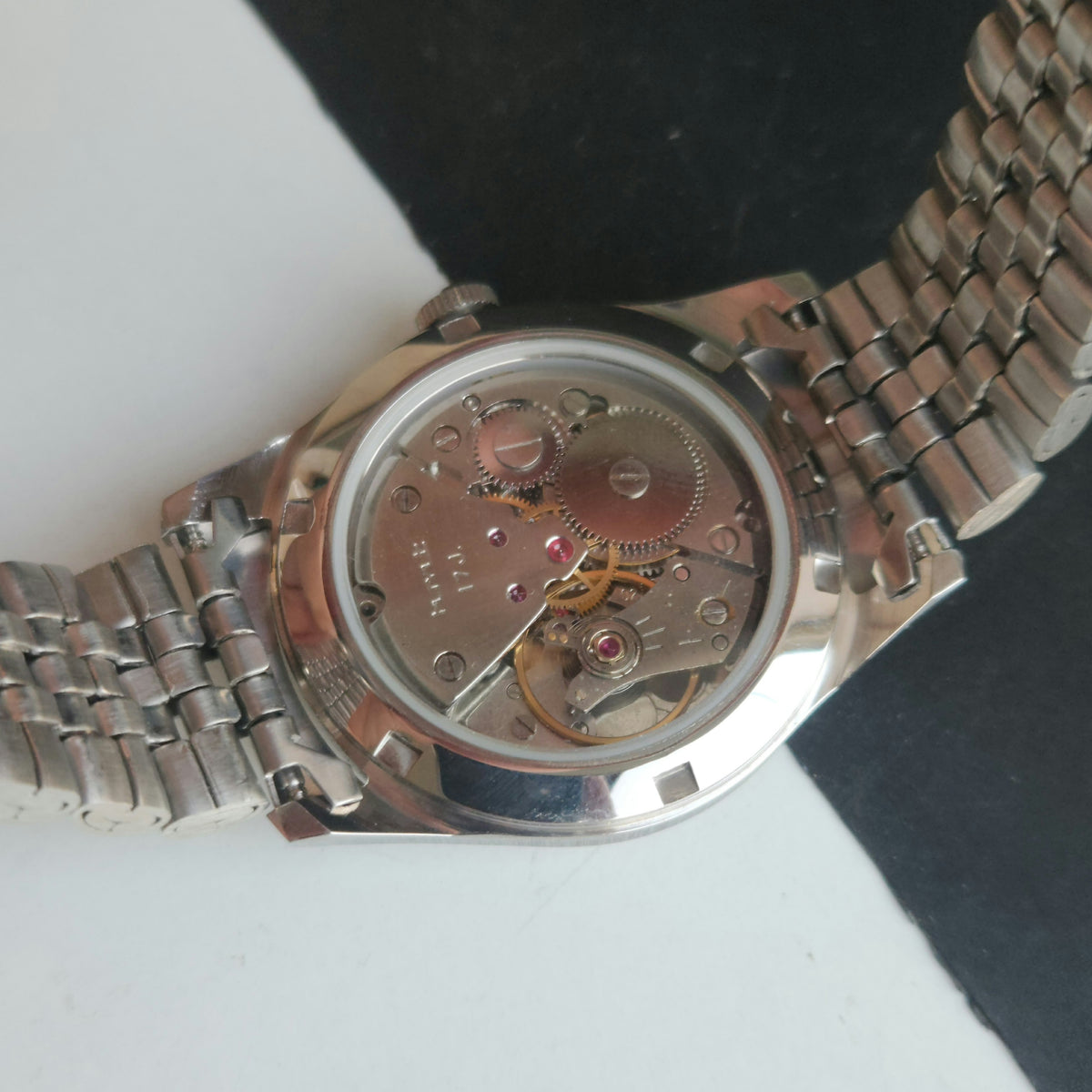Vintage MOD HMT Janata Tamil Hand Winding 17 Jewels Peach 35mm Silver Case With Bracelet Men's Wrist Watch J76