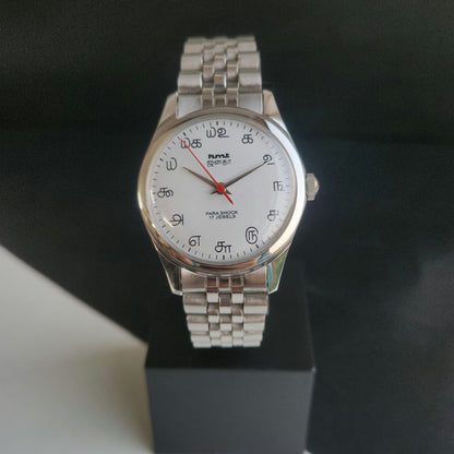 Vintage MOD HMT Janata Tamil Hand Winding 17 Jewels White 35mm Silver Case With Bracelet Men's Wrist Watch J77