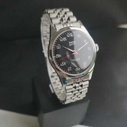 Vintage MOD HMT Janata Tamil Hand Winding 17 Jewels Black 35mm Silver Case With Bracelet Men's Wrist Watch J72