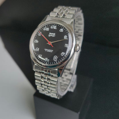 Vintage MOD HMT Janata Tamil Hand Winding 17 Jewels Black 35mm Silver Case With Bracelet Men's Wrist Watch J72