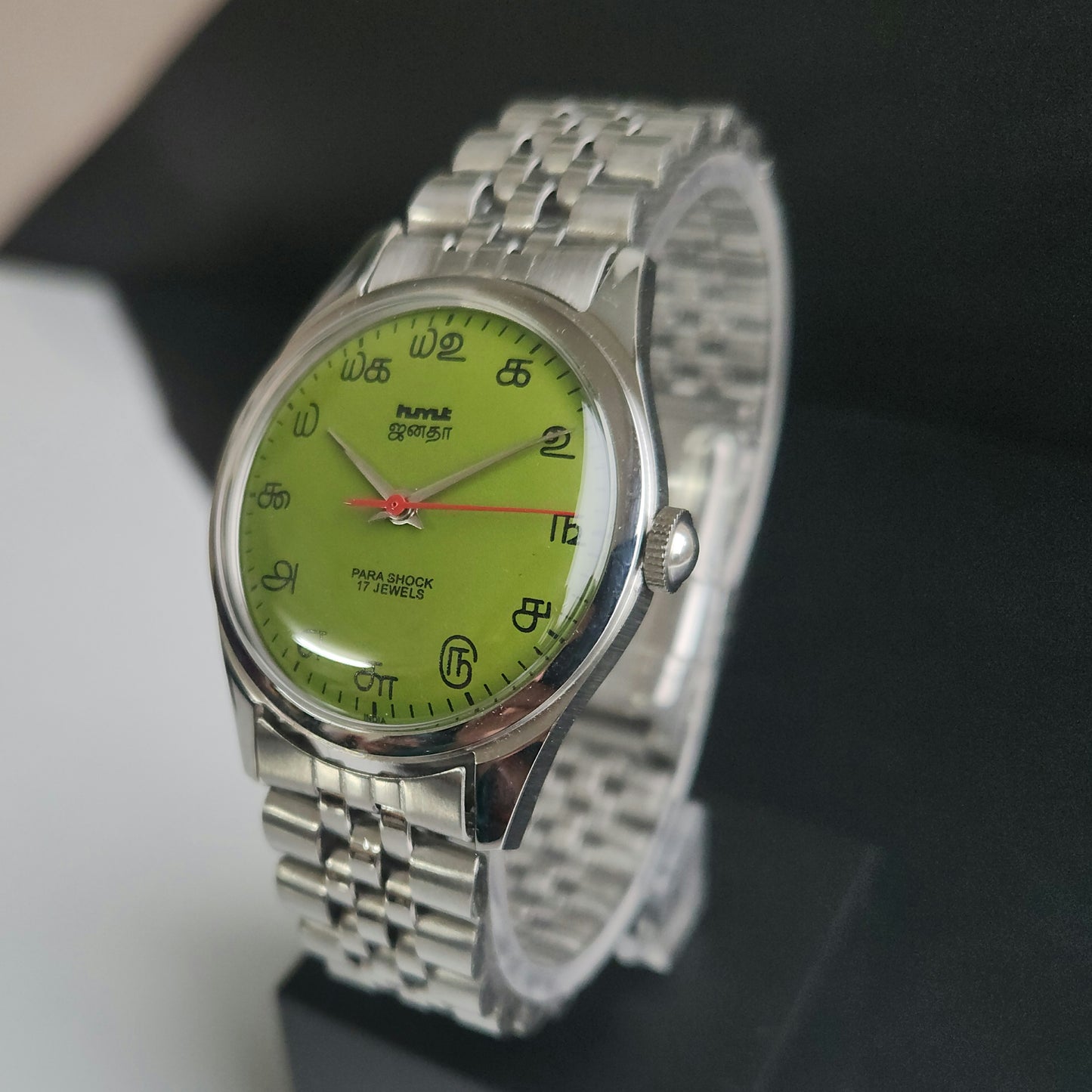 Vintage MOD HMT Janata Tamil Hand Winding 17 Jewels Parrot Green 35mm Silver Case With Bracelet Men's Wrist Watch J73