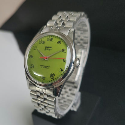 Vintage MOD HMT Janata Tamil Hand Winding 17 Jewels Parrot Green 35mm Silver Case With Bracelet Men's Wrist Watch J73