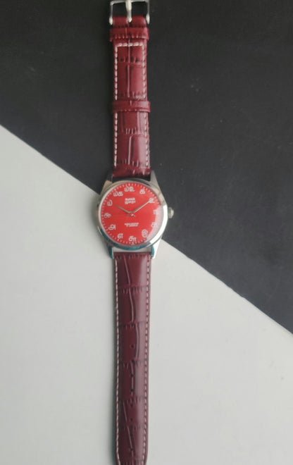 Vintage MOD HMT Janata Tamil Hand Winding 17 Jewels Red Face 35mm Silver Case With Cherry Leather Strap Men's Wrist Watch J78