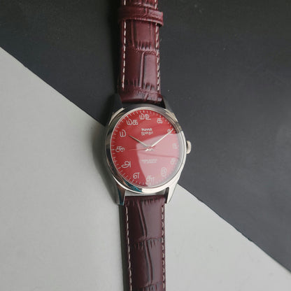 Vintage MOD HMT Janata Tamil Hand Winding 17 Jewels Red Face 35mm Silver Case With Cherry Leather Strap Men's Wrist Watch J78