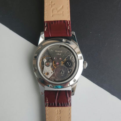 Vintage MOD HMT Janata Tamil Hand Winding 17 Jewels Red Face 35mm Silver Case With Cherry Leather Strap Men's Wrist Watch J78