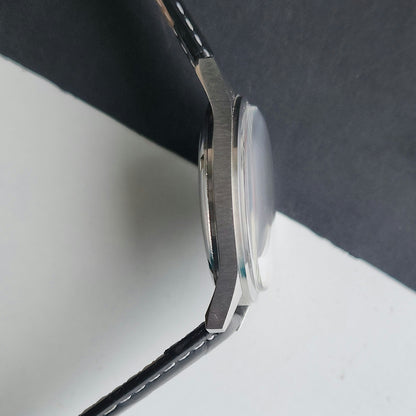 Vintage MOD HMT Janata Tamil Hand Winding 17 Jewels Black Face 35mm Silver Case With Black Leather Strap Men's Wrist Watch J79