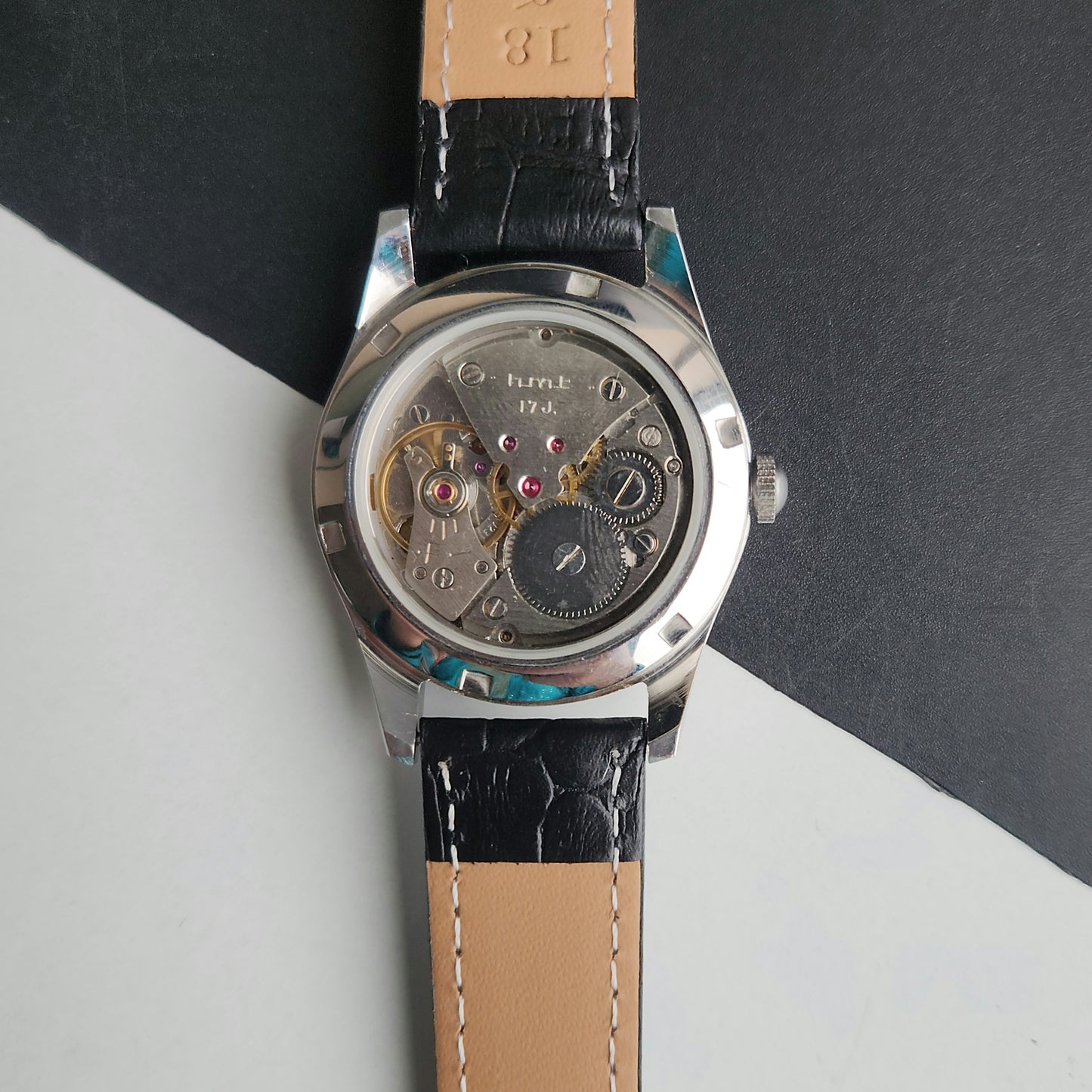 Vintage MOD HMT Janata Tamil Hand Winding 17 Jewels Black Face 35mm Silver Case With Black Leather Strap Men's Wrist Watch J79
