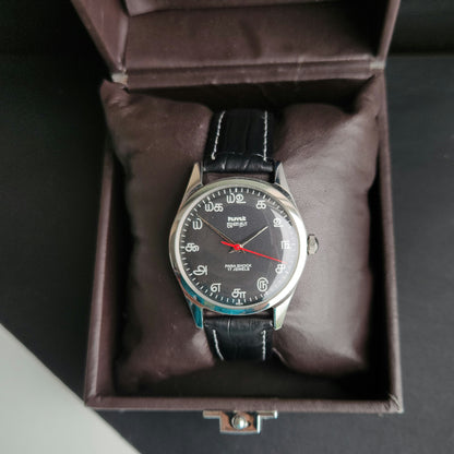 Vintage MOD HMT Janata Tamil Hand Winding 17 Jewels Black Face 35mm Silver Case With Black Leather Strap Men's Wrist Watch J79