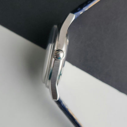 Vintage MOD HMT Janata Tamil Hand Winding 17 Jewels Blue Face 35mm Silver Case With Blue Leather Strap Men's Wrist Watch J80