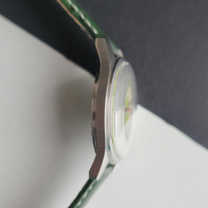 Vintage MOD HMT Janata Tamil Hand Winding 17 Jewels Parrot Green Face 35mm Silver Case With Green Leather Strap Men's Wrist Watch J81