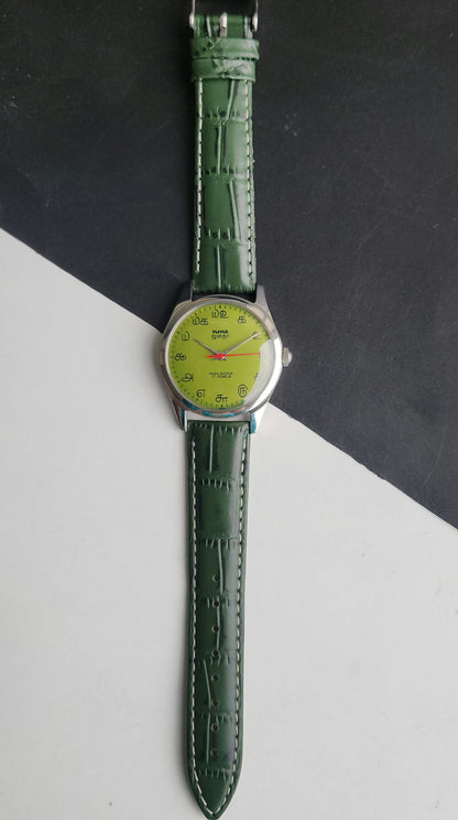 Vintage MOD HMT Janata Tamil Hand Winding 17 Jewels Parrot Green Face 35mm Silver Case With Green Leather Strap Men's Wrist Watch J81