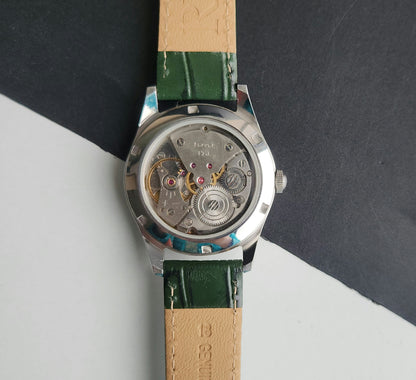 Vintage MOD HMT Janata Tamil Hand Winding 17 Jewels Parrot Green Face 35mm Silver Case With Green Leather Strap Men's Wrist Watch J81