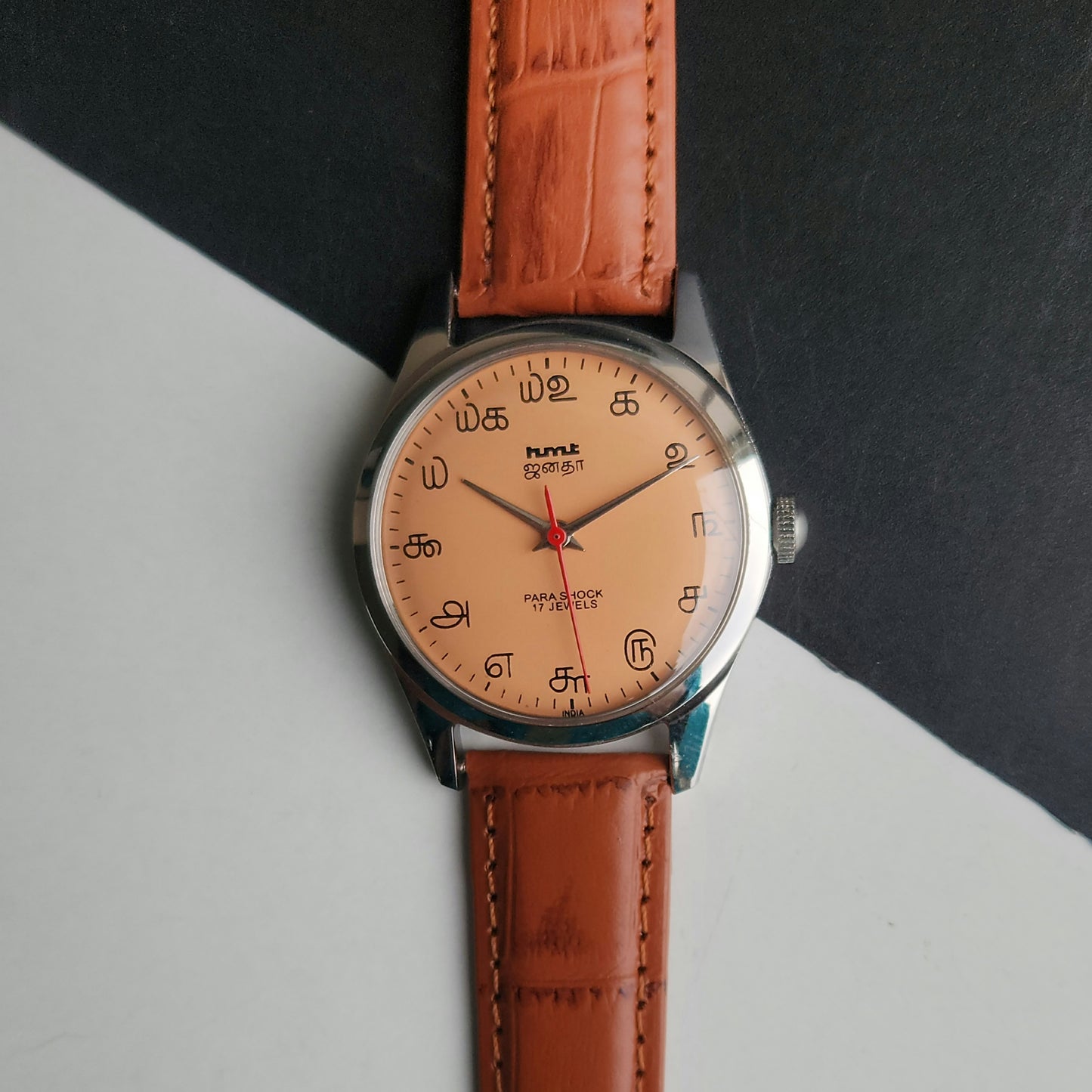 Vintage MOD HMT Janata Tamil Hand Winding 17 Jewels Peach Face 35mm Silver Case With Tan Leather Strap Men's Wrist Watch J82