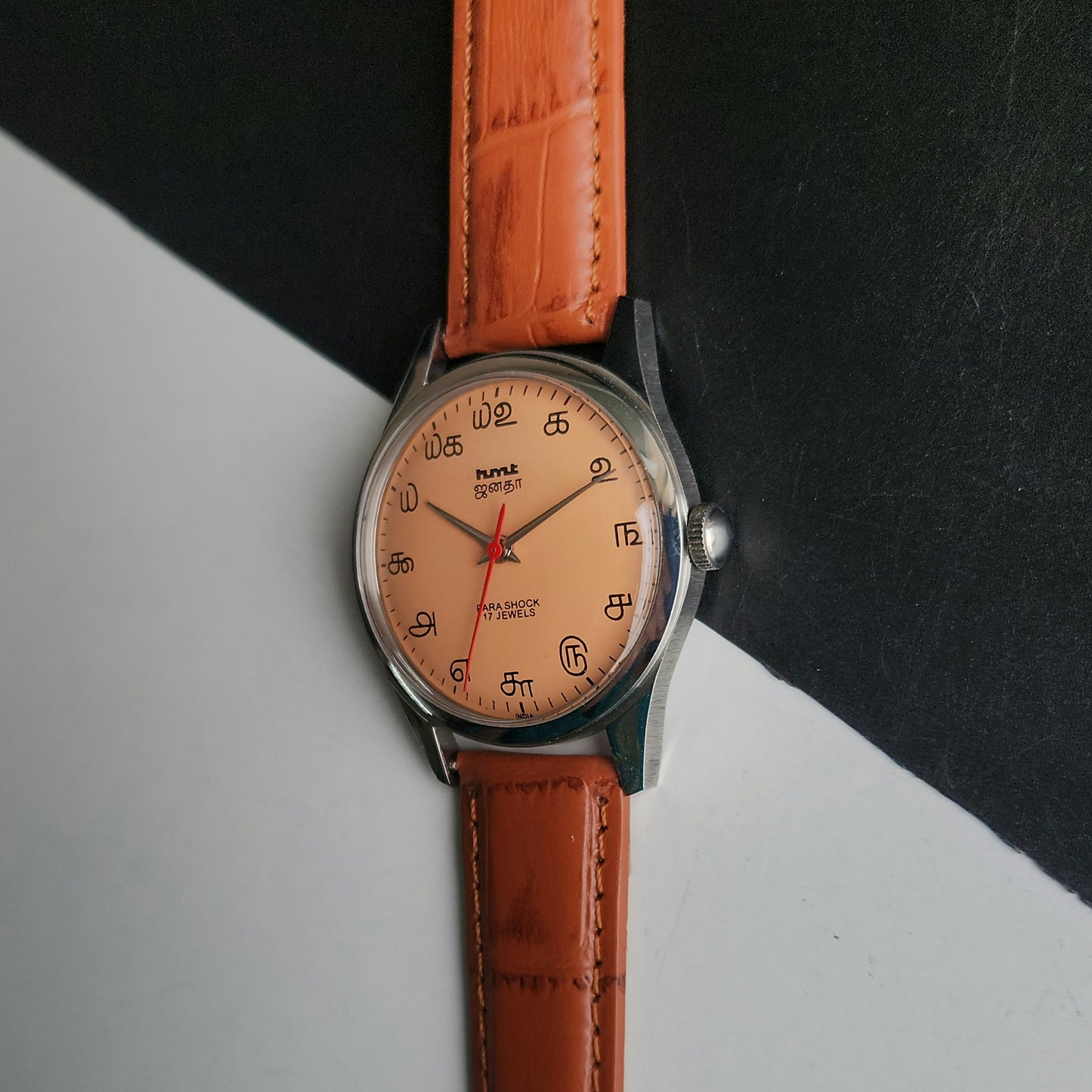 Vintage MOD HMT Janata Tamil Hand Winding 17 Jewels Peach Face 35mm Silver Case With Tan Leather Strap Men's Wrist Watch J82