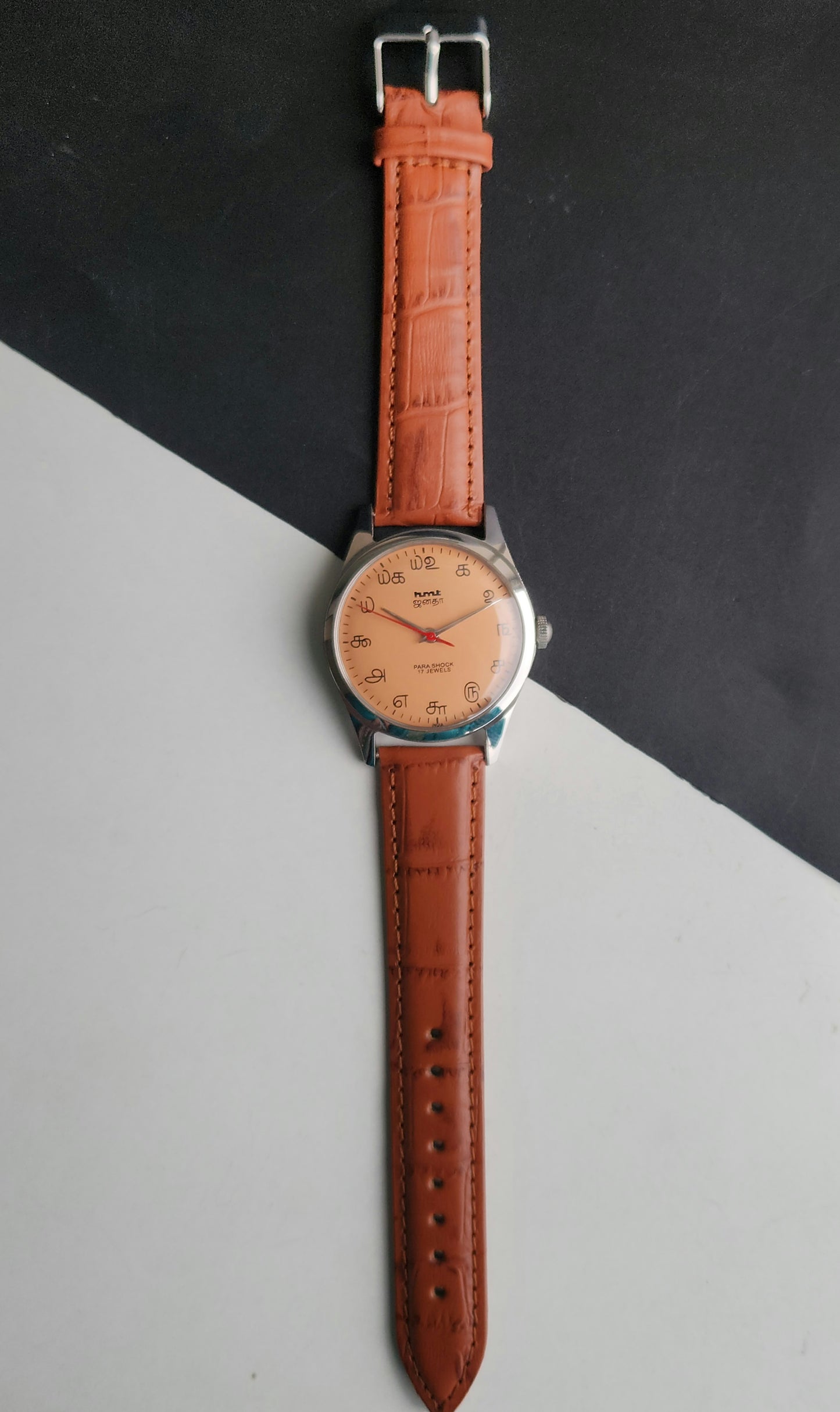 Vintage MOD HMT Janata Tamil Hand Winding 17 Jewels Peach Face 35mm Silver Case With Tan Leather Strap Men's Wrist Watch J82