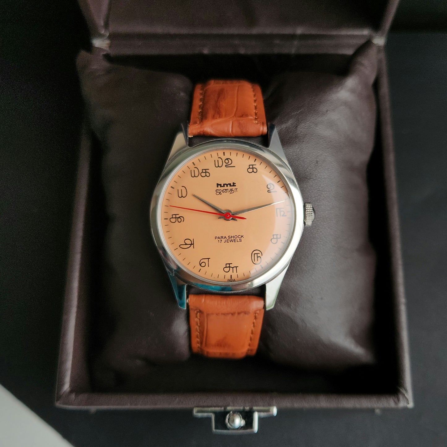 Vintage MOD HMT Janata Tamil Hand Winding 17 Jewels Peach Face 35mm Silver Case With Tan Leather Strap Men's Wrist Watch J82