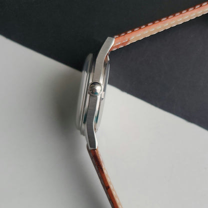 Vintage MOD HMT Janata Tamil Hand Winding 17 Jewels White Face 35mm Silver Case With Tan Leather Strap Men's Wrist Watch J83