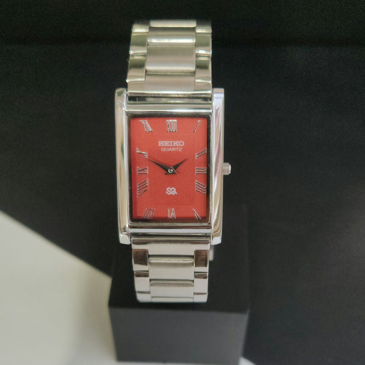MOD Seiko Slim Rectangular Quartz Red Face Bracelet Men's Wrist Watch J94