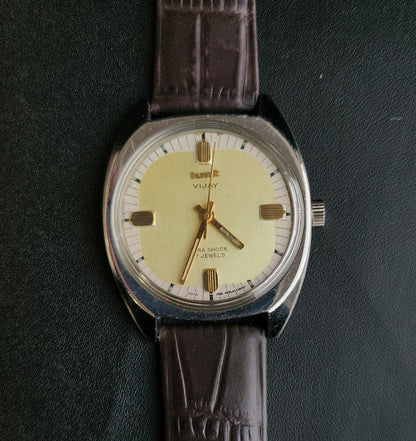 Vintage Original HMT Vijay Hand Winding 17 Jewels Yellow Face Brown Leather Strap Men's Wrist Watch J97