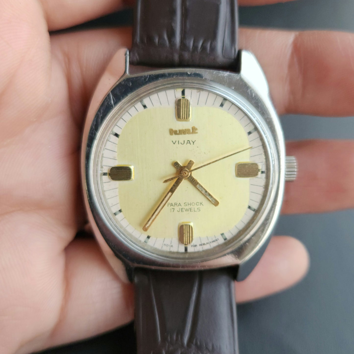 Vintage Original HMT Vijay Hand Winding 17 Jewels Yellow Face Brown Leather Strap Men's Wrist Watch J97