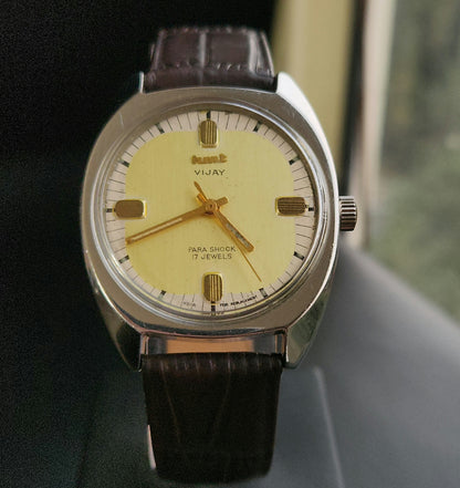 Vintage Original HMT Vijay Hand Winding 17 Jewels Yellow Face Brown Leather Strap Men's Wrist Watch J97