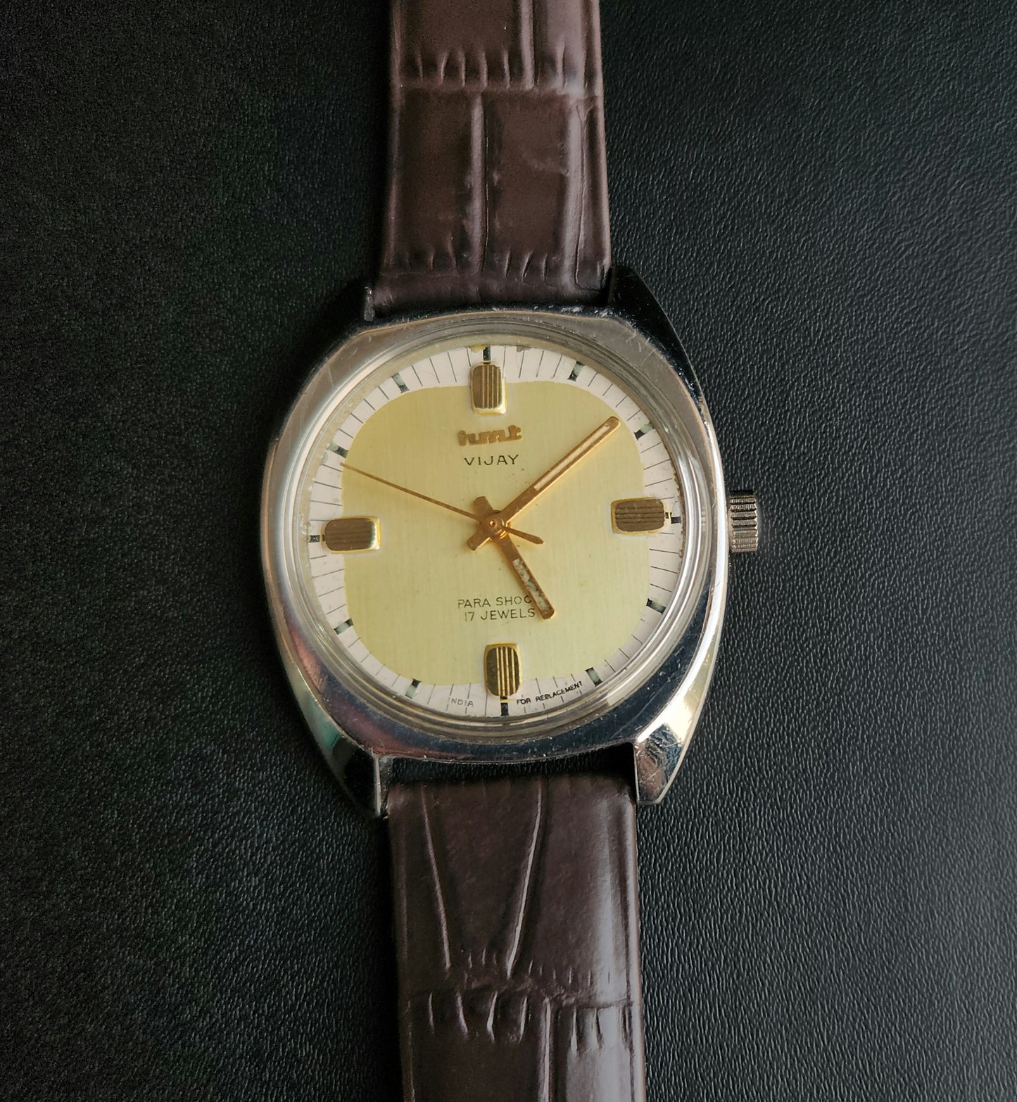 Vintage Original HMT Vijay Hand Winding 17 Jewels Yellow Face Brown Leather Strap Men's Wrist Watch J97