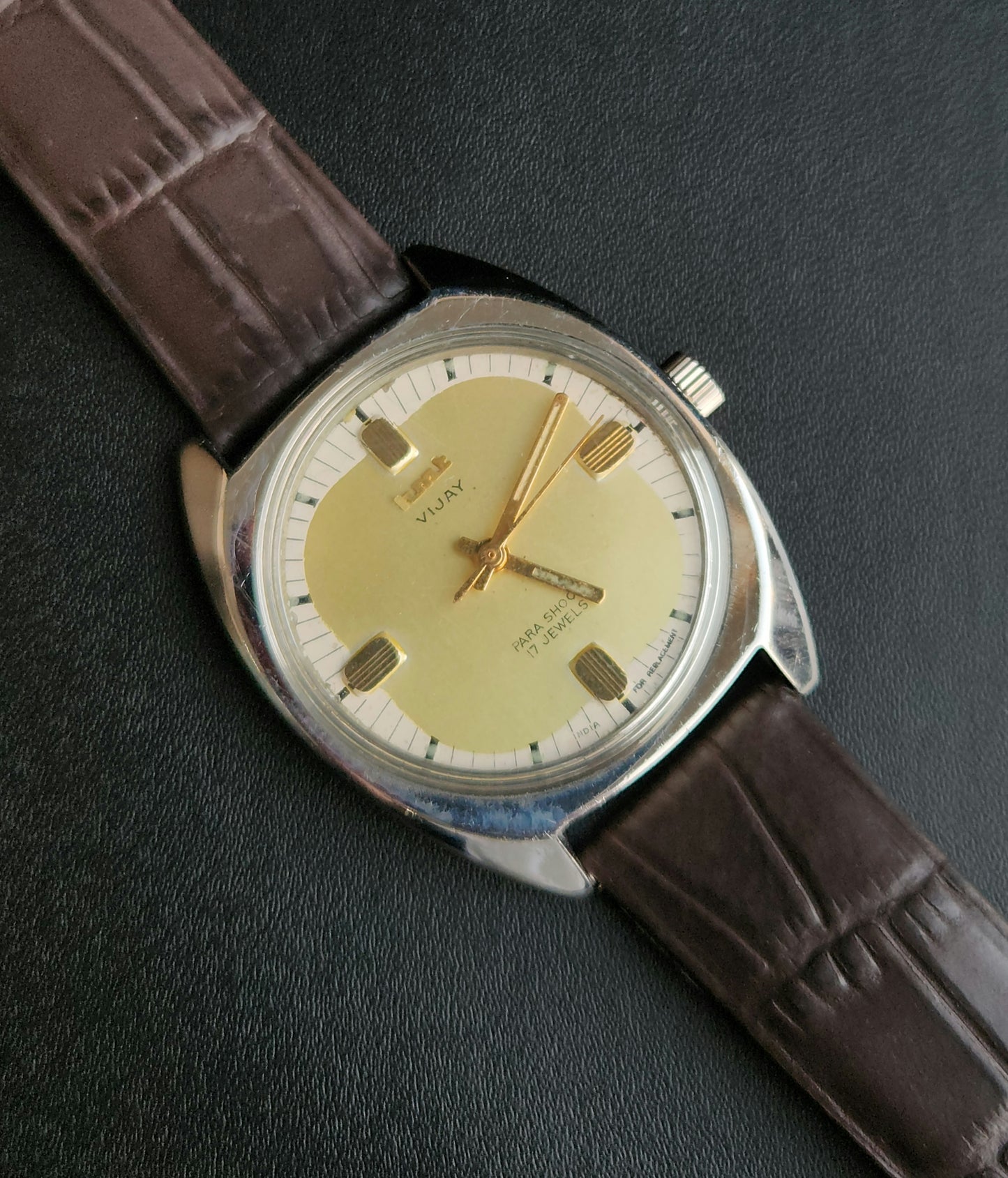 Vintage Original HMT Vijay Hand Winding 17 Jewels Yellow Face Brown Leather Strap Men's Wrist Watch J97