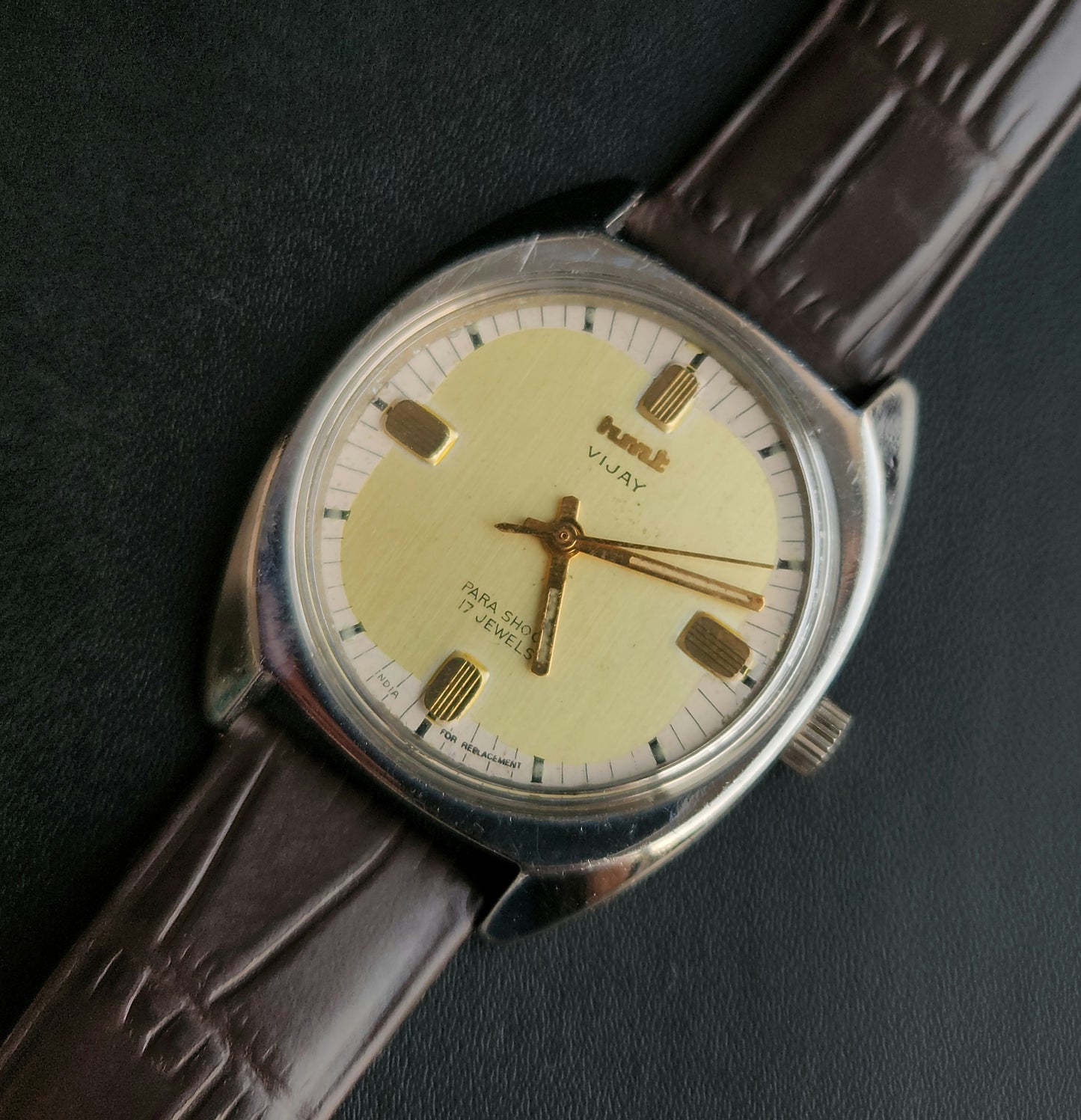 Vintage Original HMT Vijay Hand Winding 17 Jewels Yellow Face Brown Leather Strap Men's Wrist Watch J97