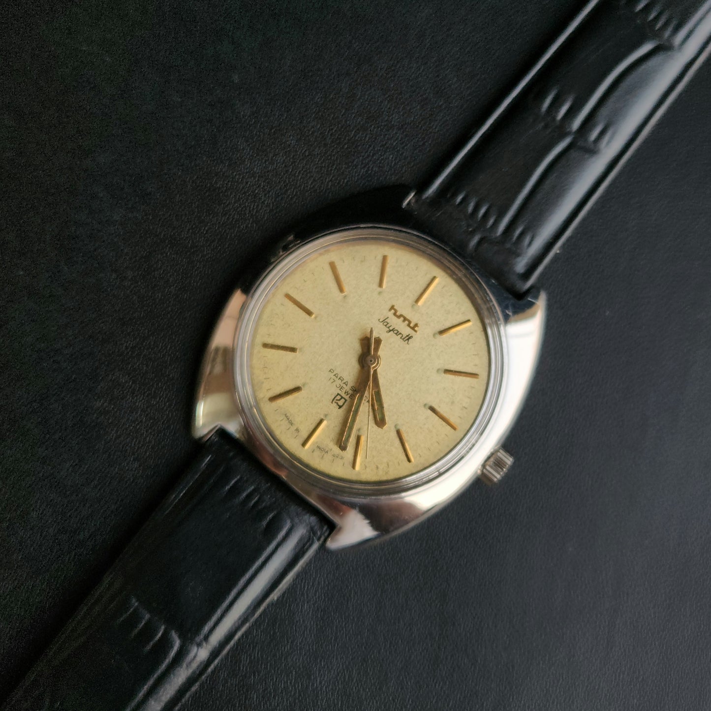 Vintage Original HMT Jayanth Hand Winding 17 Jewels Golden Face Black Leather Strap Men's Wrist Watch J107