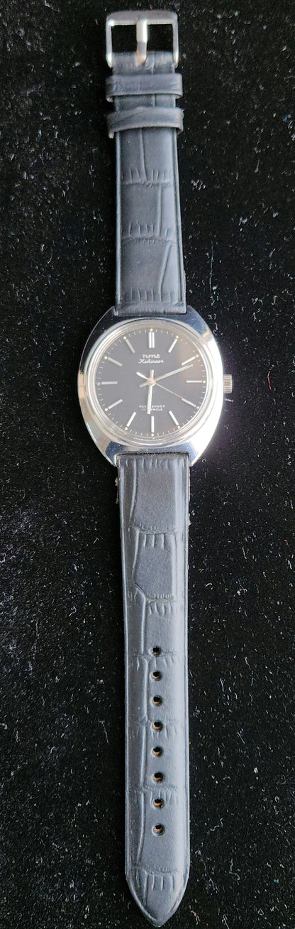 Vintage Original HMT Kohinoor Hand Winding 17 Jewels Black Face Black Leather Strap Men's Wrist Watch J98