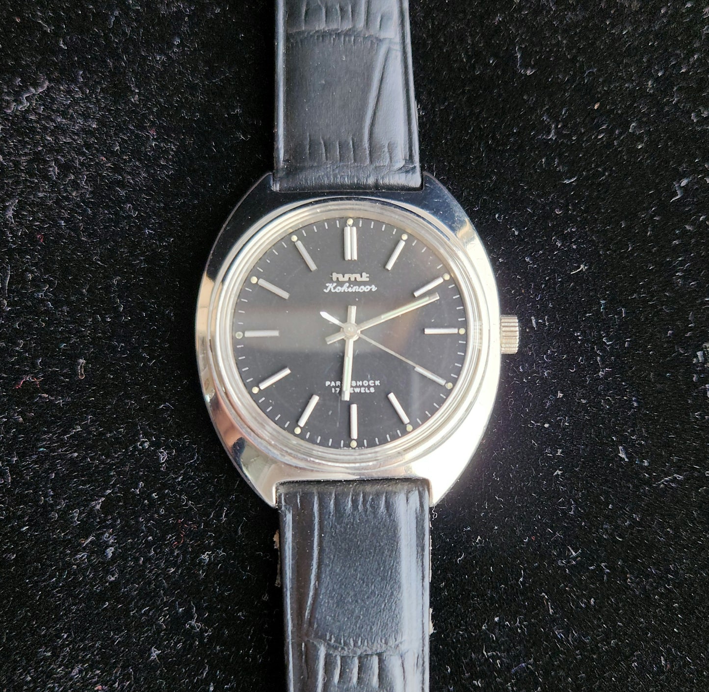 Vintage Original HMT Kohinoor Hand Winding 17 Jewels Black Face Black Leather Strap Men's Wrist Watch J98