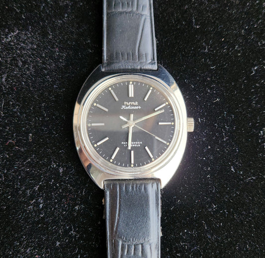 Vintage Original HMT Kohinoor Hand Winding 17 Jewels Black Face Black Leather Strap Men's Wrist Watch J98