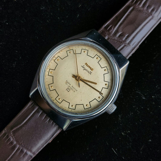 Vintage Original HMT Jayanth Hand Winding 17 Jewels Golden Face Brown Leather Strap Men's Wrist Watch J99