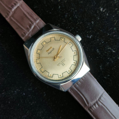 Vintage Original HMT Jayanth Hand Winding 17 Jewels Golden Face Brown Leather Strap Men's Wrist Watch J99