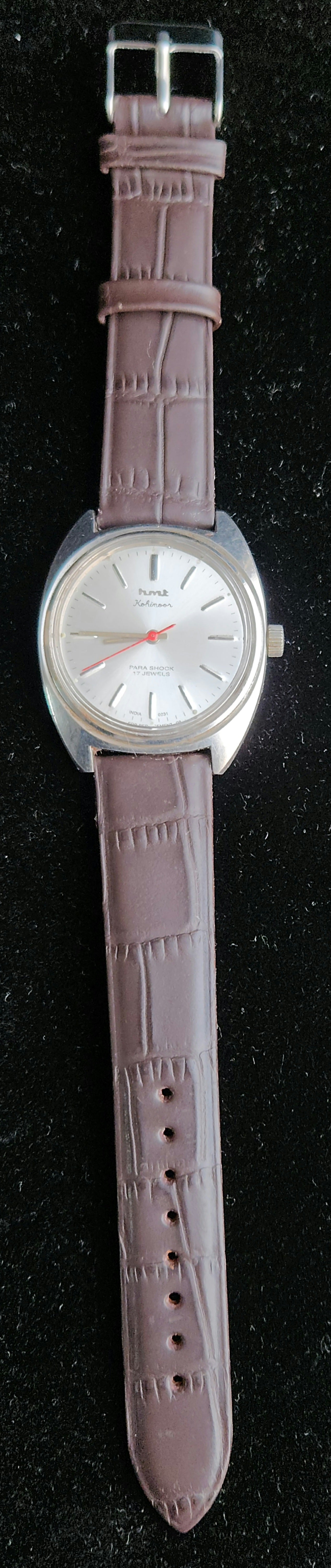 Vintage Original HMT Kohinoor Hand Winding 17 Jewels Silver Face Brown Leather Strap Men's Wrist Watch J100