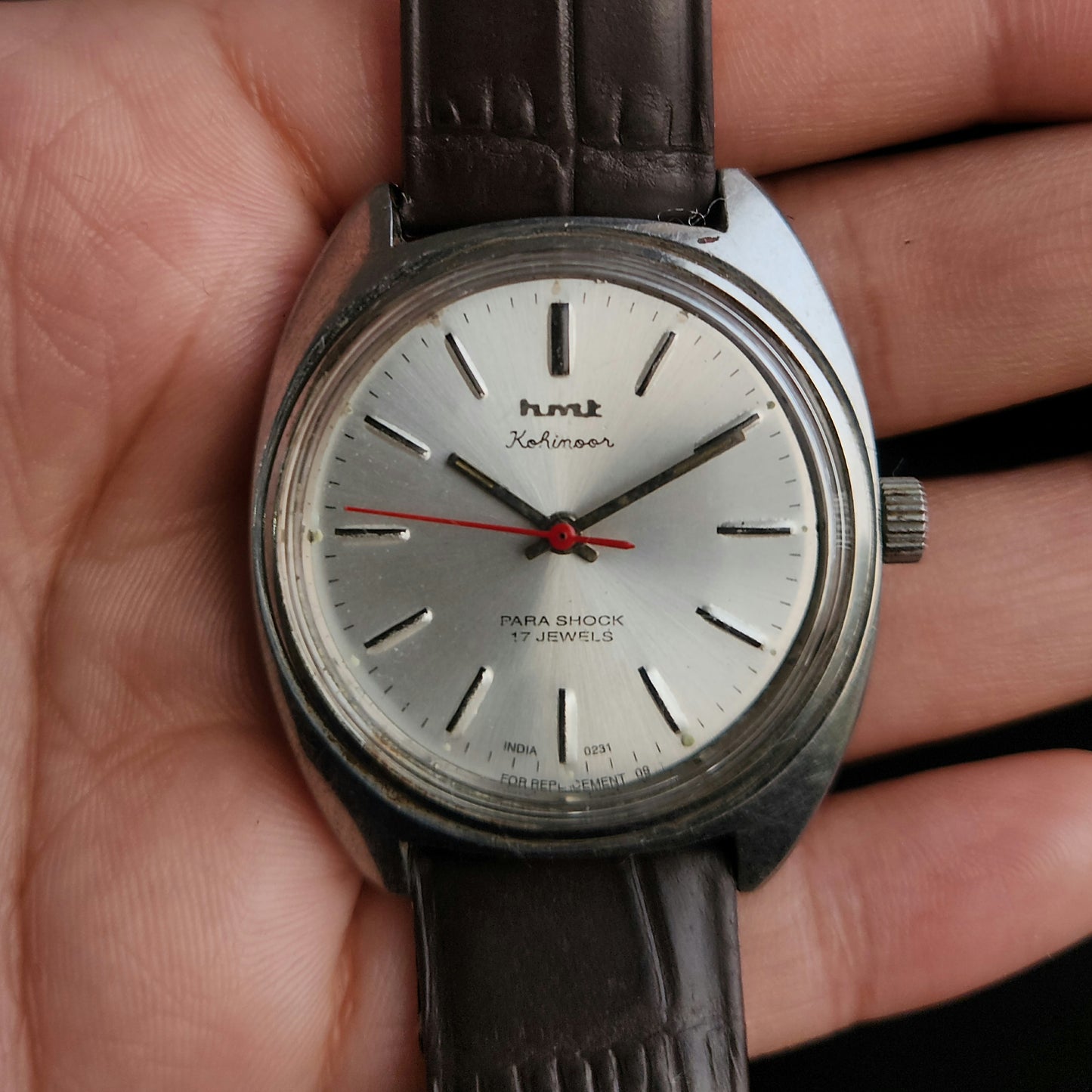 Vintage Original HMT Kohinoor Hand Winding 17 Jewels Silver Face Brown Leather Strap Men's Wrist Watch J100