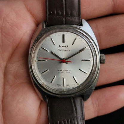 Vintage Original HMT Kohinoor Hand Winding 17 Jewels Silver Face Brown Leather Strap Men's Wrist Watch J100
