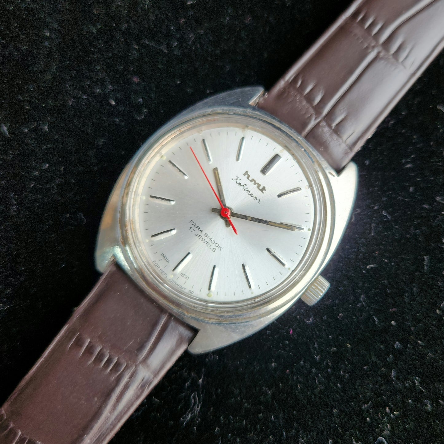 Vintage Original HMT Kohinoor Hand Winding 17 Jewels Silver Face Brown Leather Strap Men's Wrist Watch J100