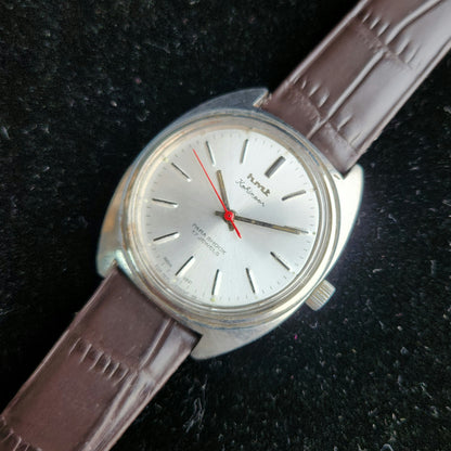 Vintage Original HMT Kohinoor Hand Winding 17 Jewels Silver Face Brown Leather Strap Men's Wrist Watch J100