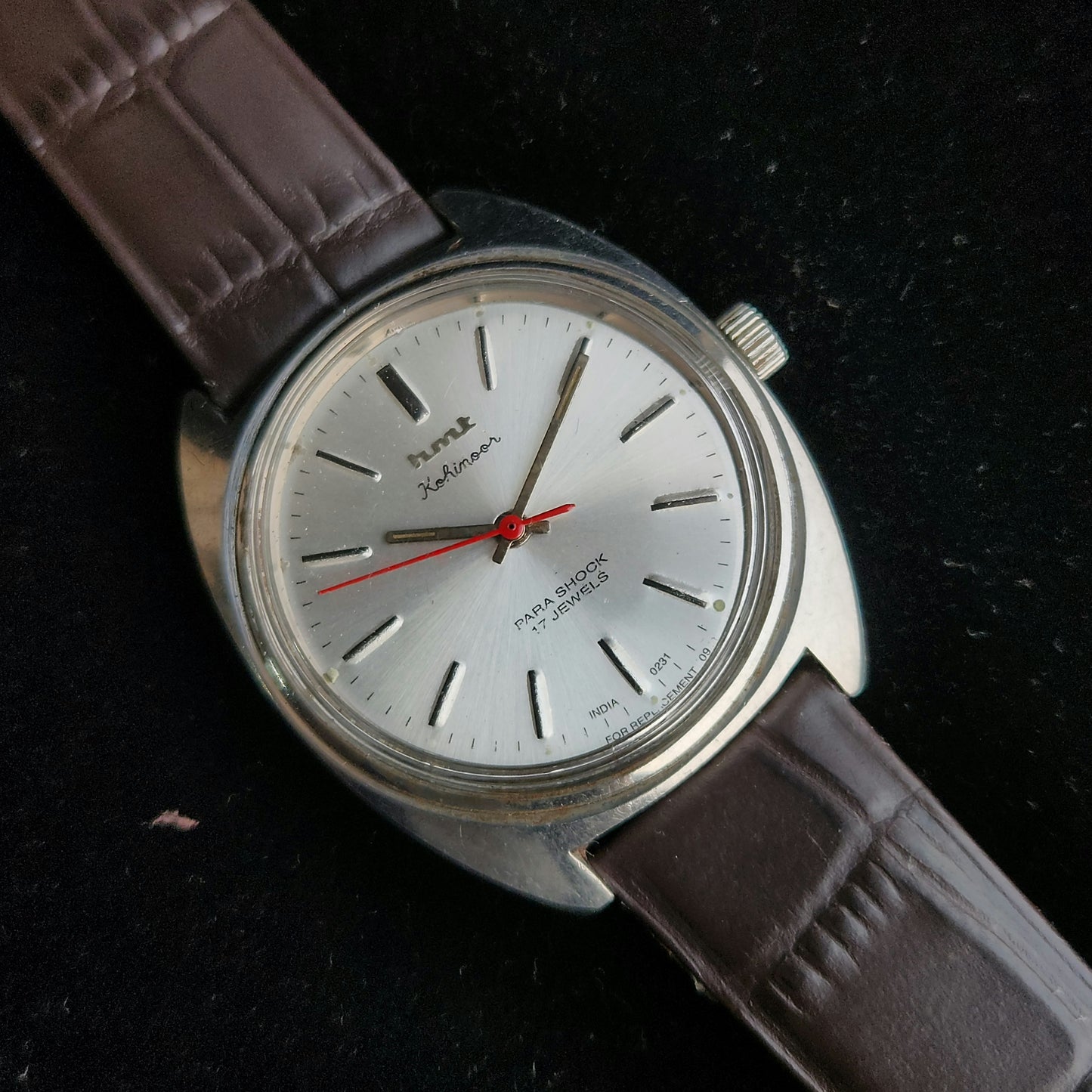 Vintage Original HMT Kohinoor Hand Winding 17 Jewels Silver Face Brown Leather Strap Men's Wrist Watch J100